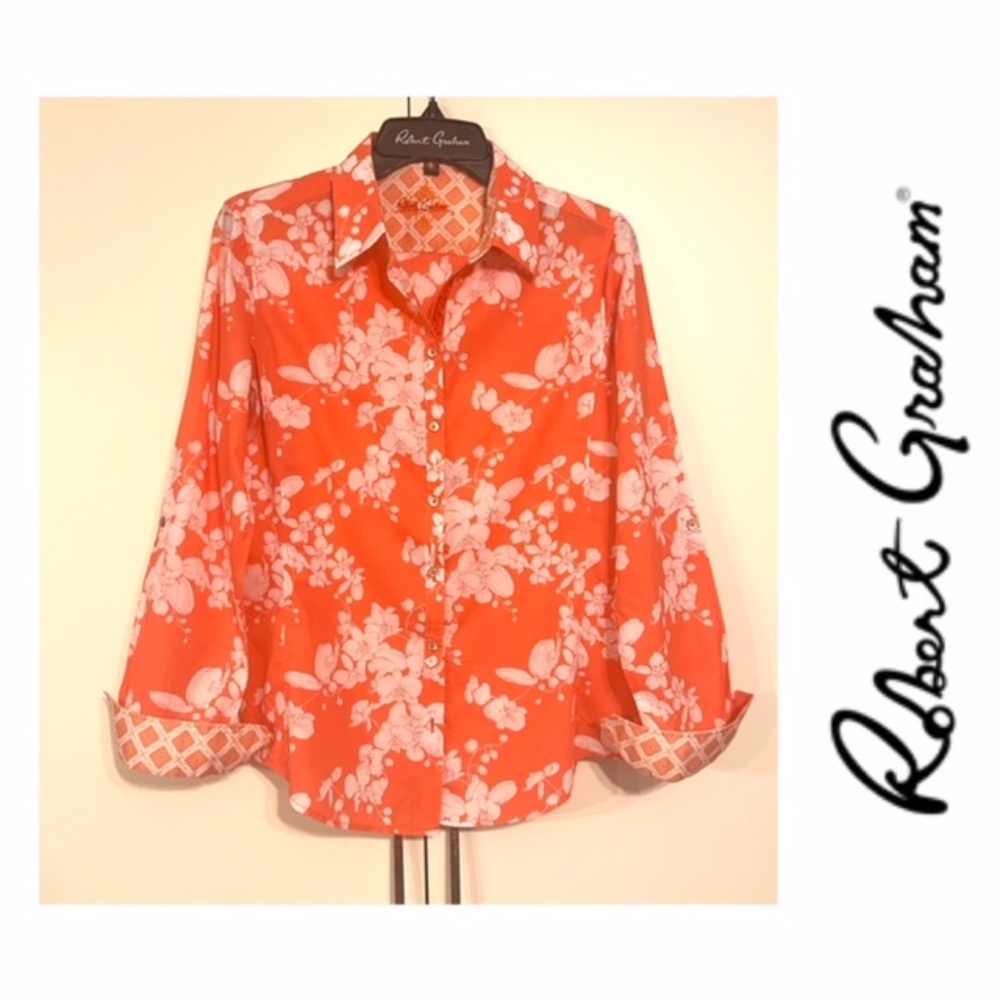 ROBERT GRAHAM WHITE ORHIDS PRINTED COTTON EMBROIDERED SHIRT IN ORANGE
